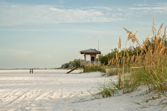Lifeguard tower near sea turtle nest, Coquina Beach, Florida