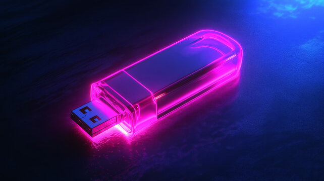 Glowing neon USB flash drive against dark background.