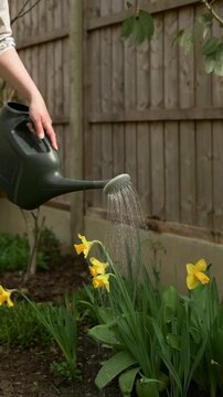 woman with watering can pouring water to flowers at garden. daffodil