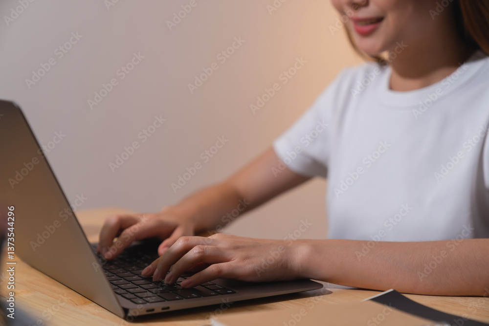 Poster hands typing keyboard on laptop with working online.