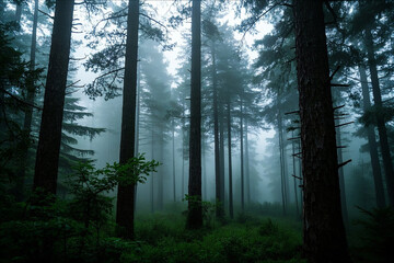 Obraz premium Gloomy Pinewoods Covered in Thick Fog