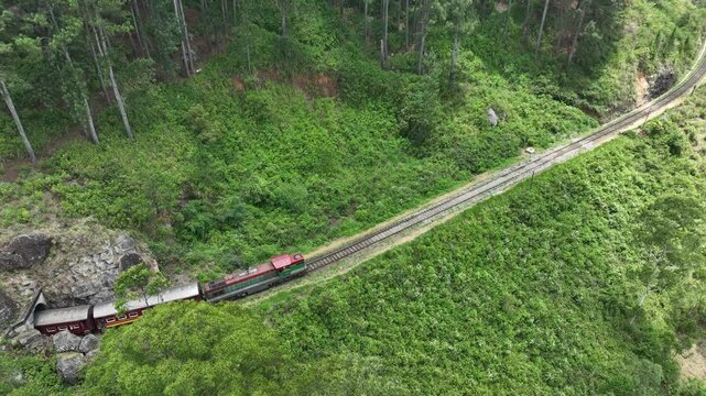 old classic train in sri Lanka from aerial view