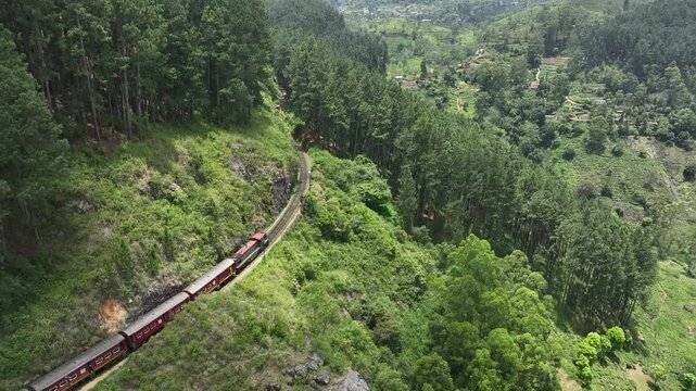 old classic train in sri Lanka from aerial view