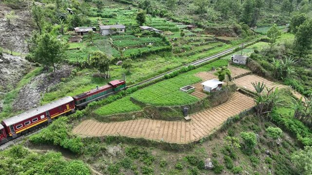 old classic train in sri Lanka from aerial view