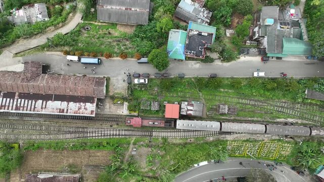 old classic train in sri Lanka from aerial view