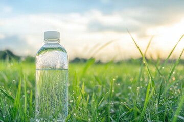 Refreshing Water Bottle on Green Grassy Field with Morning Dew