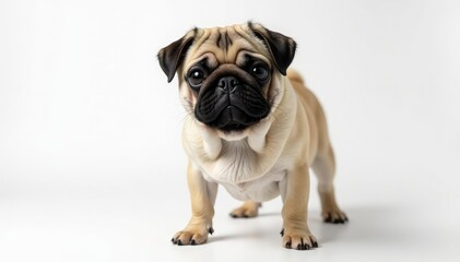 Solo pug, against pure white backdrop Shows endearing features , friend, domestic