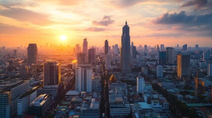 Fototapeta premium Sunset over city skyline urban landscape aerial view modern architecture vibrant environment