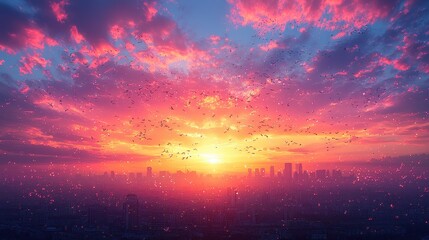 Obraz premium Vibrant Sunset Over City Skyline with Colorful Clouds and Birds