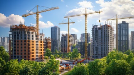 Fototapeta premium A modern cityscape with sleek, minimalist concrete buildings under construction, surrounded by green parks and vibrant urban life