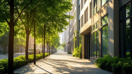 Naklejka premium A modern residential building facade, surrounded by a clean urban sidewalk with green trees, photographed at eye level on a sunny day, using natural light with a moderate depth of field (f/4