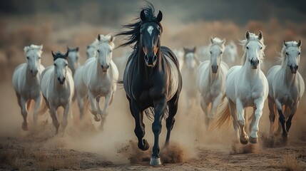 Intense Blackhorse Leading Herd of White Wild Horses Galloping Across Desert Landscape