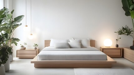 Minimalist Bedroom Design Exuding Calm and Balance with Crisp White Walls and Natural Wood Accents