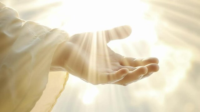 A divine hand reaching out with radiant light, captured from a low angle. The video conveys a sense of hope and spirituality. Live desktop wallpaper.