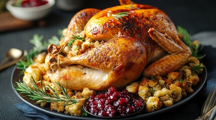 A Thanksgiving turkey with stuffing and cranberry sauce