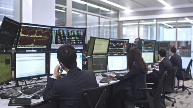 Investment Bank Stock Securities Work Scene. Stock Market Trading Room Scenes: Computer monitor displays a number of Financial Data, Charts, and Analysts at Work