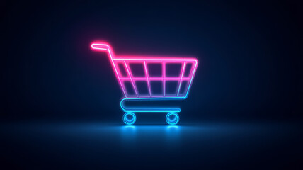 Neon shopping cart glowing on dark background