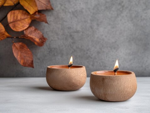 Two lit candles in rustic wooden holders sit on a light gray surface with autumn leaves in the background creating a cozy and relaxing autumnal scene. - Powered by Adobe