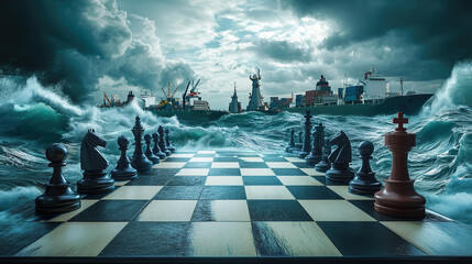Dramatic chessboard with container ships as pawns and tariff documents as queens, set on a stormy ocean map game board, symbolizing global trade tensions and economic strategy.