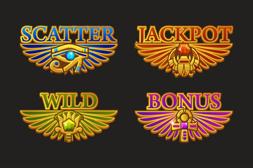 Colored UI symbols set-WILD,Jackpot, Bonus and Scatter for casino or slots games. Golden icons -Egyptian scarab, Lotus, Ankh and eye of Horus for game asset