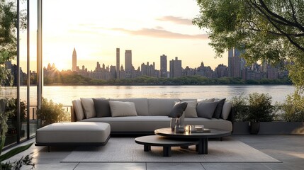 An open-air balcony with modern furniture overlooking the river, city skyline in the background, sunset, interior rendering style, high definition, architectural design renderings, super realistic, an