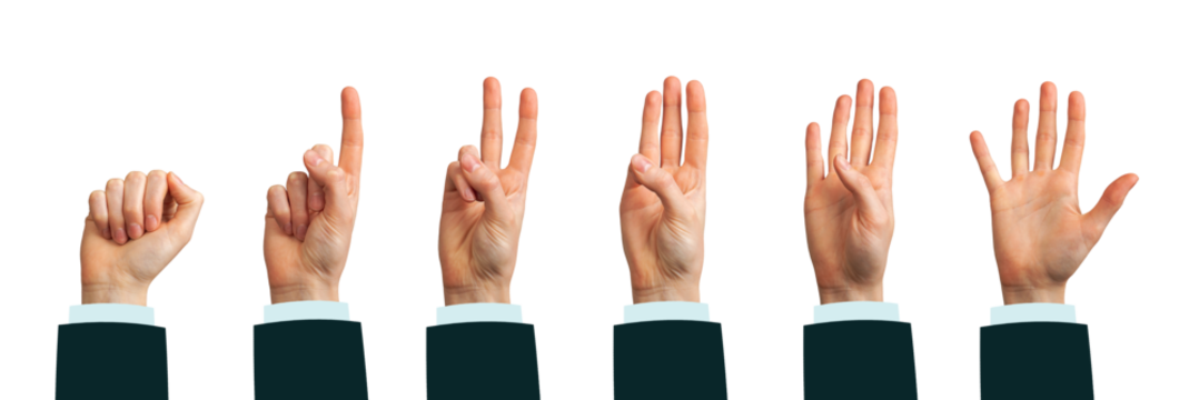 Hand showing counting sign. Business man displaying one, two, three, four, five with palm, finger, gesture for number, countdown, score or position. Isolated on white background...