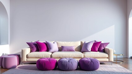 Modern Living Room with Cream Sectional, Purple Pillows, Ottomans, White Rug, Minimalist Decor, Large Window, and Natural Light in a Stylish Home