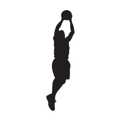 Silhouette of Basketball Player in Mid-Air Jump Holding Ball High Dynamic Pose Athletic Figure High Contrast Minimalist Design Sports Action
