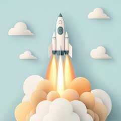 flames beginning forward rocket concept. Rocket launching through clouds in a whimsical illustration.