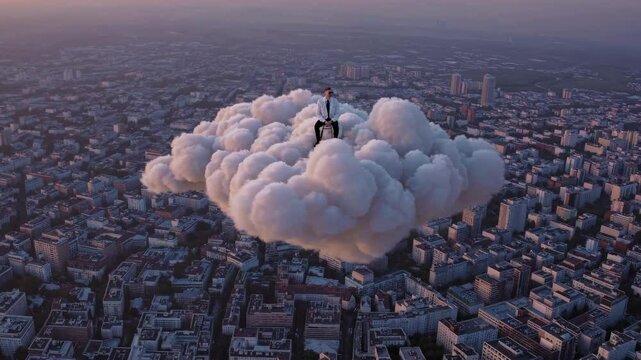 Cient&iacute;fico So&ntilde;ador Sobre Nube en Ciudad Futurista
