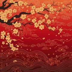Cherry blossoms, red sunset, Asian art,  wave design, background