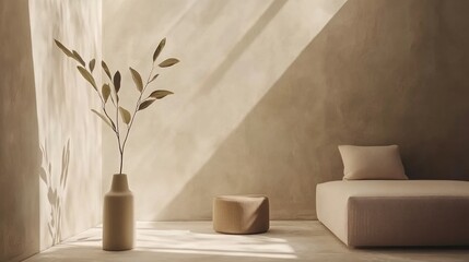 Minimalist interior featuring vase with branches couch and sunlight