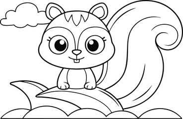Outline Style Cute Squirrel with Bushy Tail on a Mound, Outline Cartoon