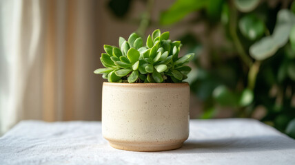 Succulent in a ceramic pot on a table in natural light.