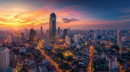 Obraz premium Vibrant sunset over bangkok skyline cityscape photography urban environment aerial view dynamic city life