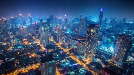 Fototapeta premium Nighttime urban cityscape skyline overlook digital photography vibrant lights aerial view city life exploration