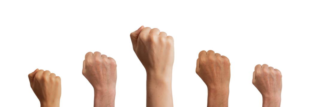 Fist raised up. Group of people showing power, protest, solidarity, unity, fight, revolution, and strength with clenched hand gesture for justice and rights. Isolated on white background...