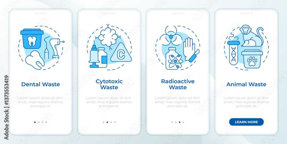 Poster hazardous waste management blue onboarding mobile app screen. walkthrough 4 steps editable graphic i