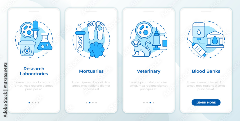 Poster biomedical waste sources types blue onboarding mobile app screen. walkthrough 4 steps editable graph