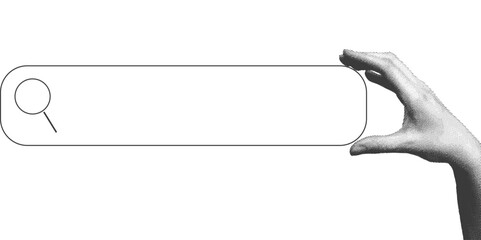 Search bar concept. Hand holding empty input field for online inquiry, internet browsing, website navigation, SEO request, information research and digital exploration. Vector illustration Isolated