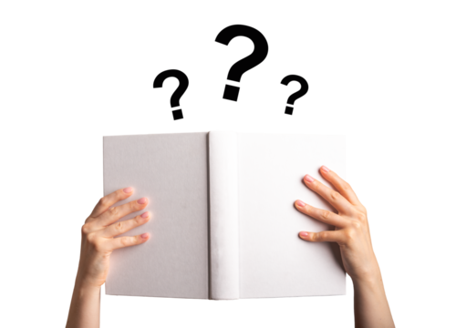 Book open with question mark. Woman holding literature for knowledge, education, study, research, learning, reading, history, university, and school concept. Isolated on white background...