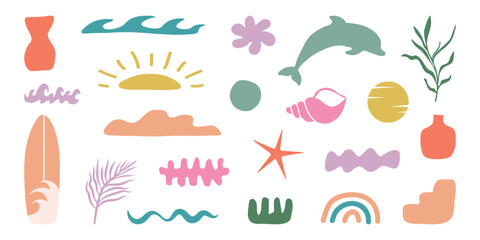 Retro Groovy Surf Club in trendy Boho style. Naive Geometric Summer Palm Tree. Summer Beach Hand Drawn poster. Vintage Surf Club. Simple background of sun sea. Isolated vector illustration.