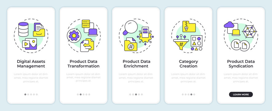 Features of PIM onboarding mobile app screen. Product info management. Walkthrough 5 steps editable graphic instructions with linear concepts. UI, UX, GUI. Montserrat SemiBold, Regular fonts used