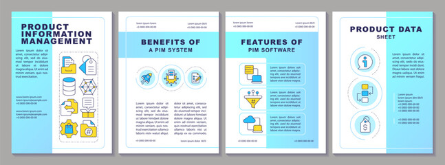 Product information management blue brochure layout. Benefits, features and data sheets. Leaflet advertising design with color line icons. Editable 4 pages. Arial, Myriad Pro-Regular fonts used