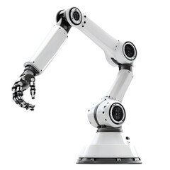 A robotic arm with a metallic hand extending out against a black background in studio lighting