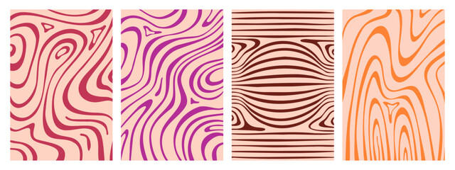 Abstract psychedelic wavy patterns set isolated on white background. Vector realistic illustration of optical illusion texture with color lines and swirls, seamless hypnotic stripes, funky posters