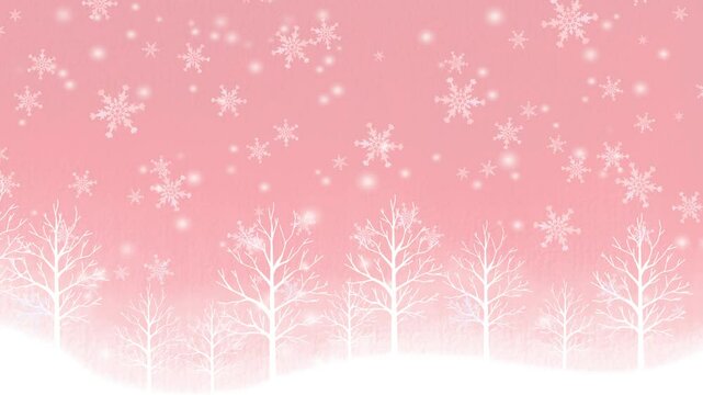 水彩で描いたイラストに降る雪。アニメーション。ループ動画。