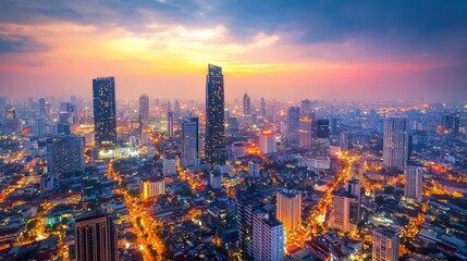 Obraz premium Cityscape twilight aerial view of urban skyline bustling city evening atmosphere vibrant lights modern architecture