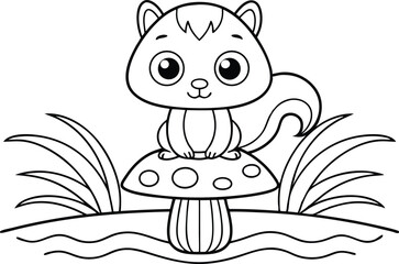 Cartoon Squirrel on Mushroom with Grass, Outlined Design on Transparent Background