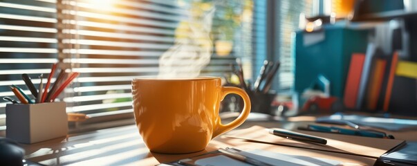 Fototapeta premium Morning Coffee Ritual with Sunlight and Workplace Background